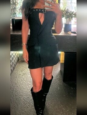 STUNNING! Strapless Black Double-Breasted Blazer Dress with Grommet Belt - SMALL